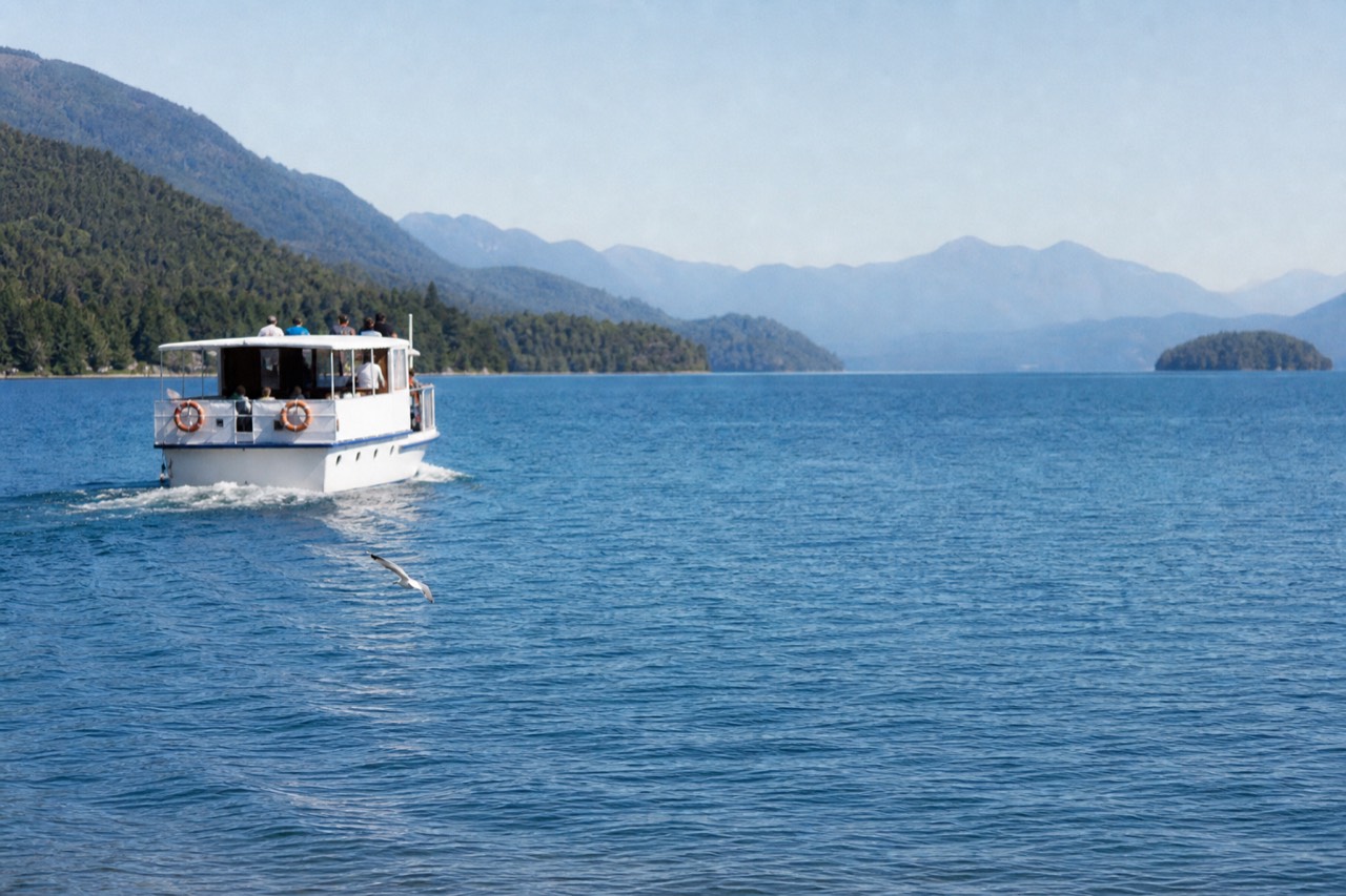 A passenger boat crossing Lake Lucerne with forested hills and distant mountains behind it, no text, no logos, no people