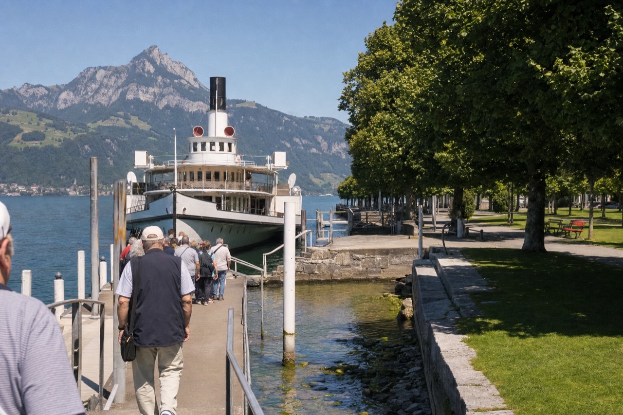 Paddle steamer crossing Lake Lucerne toward forested mountains, no text, no logos, no people