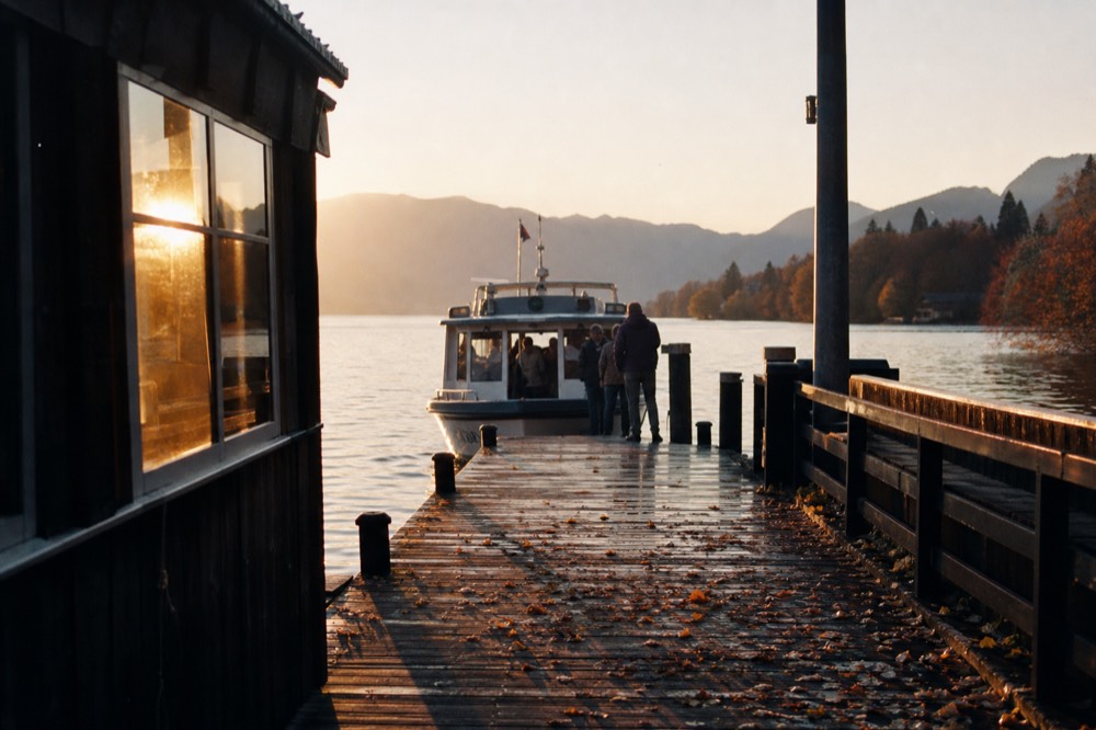 A lake boat approaching a pier on Lake Lucerne in late afternoon light, no text, no logos, no people.